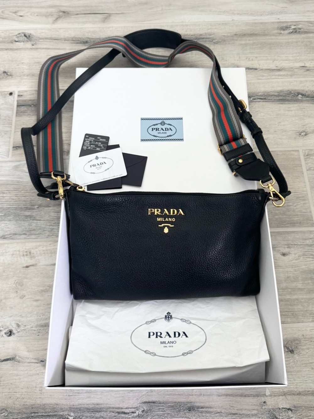 Prada Black Gold Vitello Daino Messenger Crossbody Bag